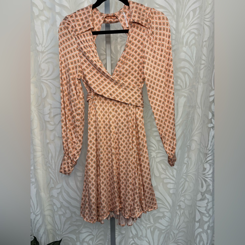 Free People Pink with Geometric Pattern Open Back Long Sleeve Midi Dress